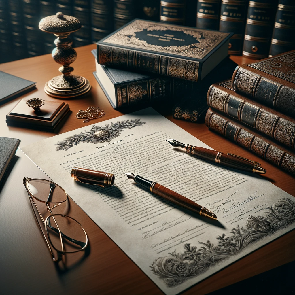 's desk, surrounded by the tools of the legal trade. The desk is made of pol