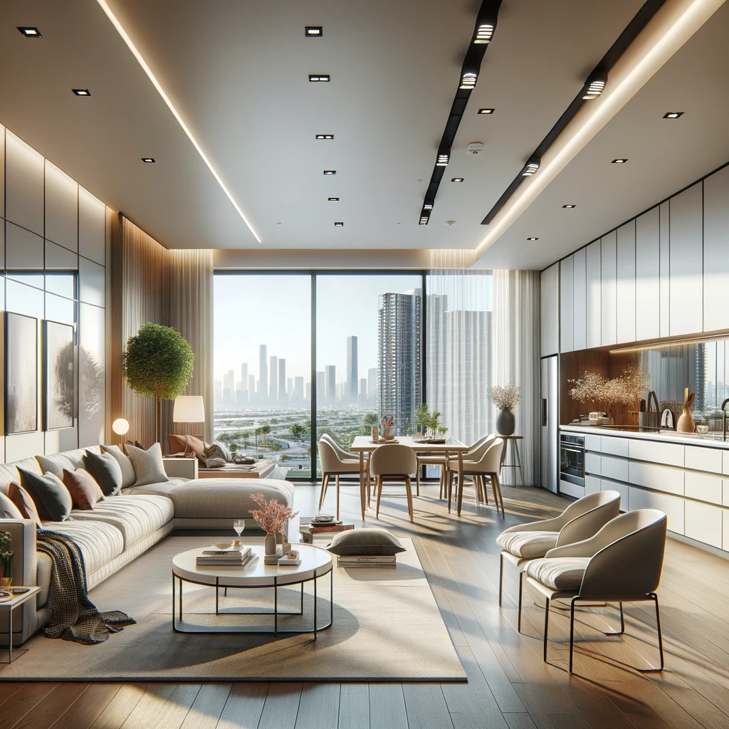 DALL·E 2024-02-18 19.22.44 - Visualize a modern apartment for real estate purposes, showcasing an open-plan living space that combines contemporary design with comfort and functio